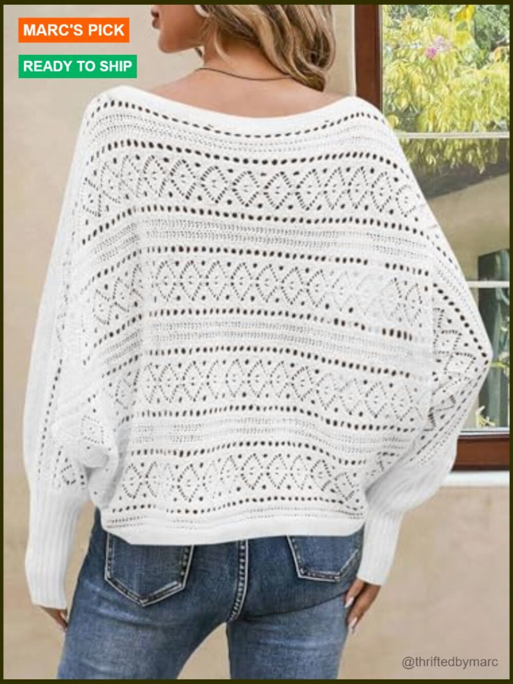 Off Shoulder Oversized Knit Batwing Long Sleeve Crochet Pullover Sweater - Picture 4 of 6